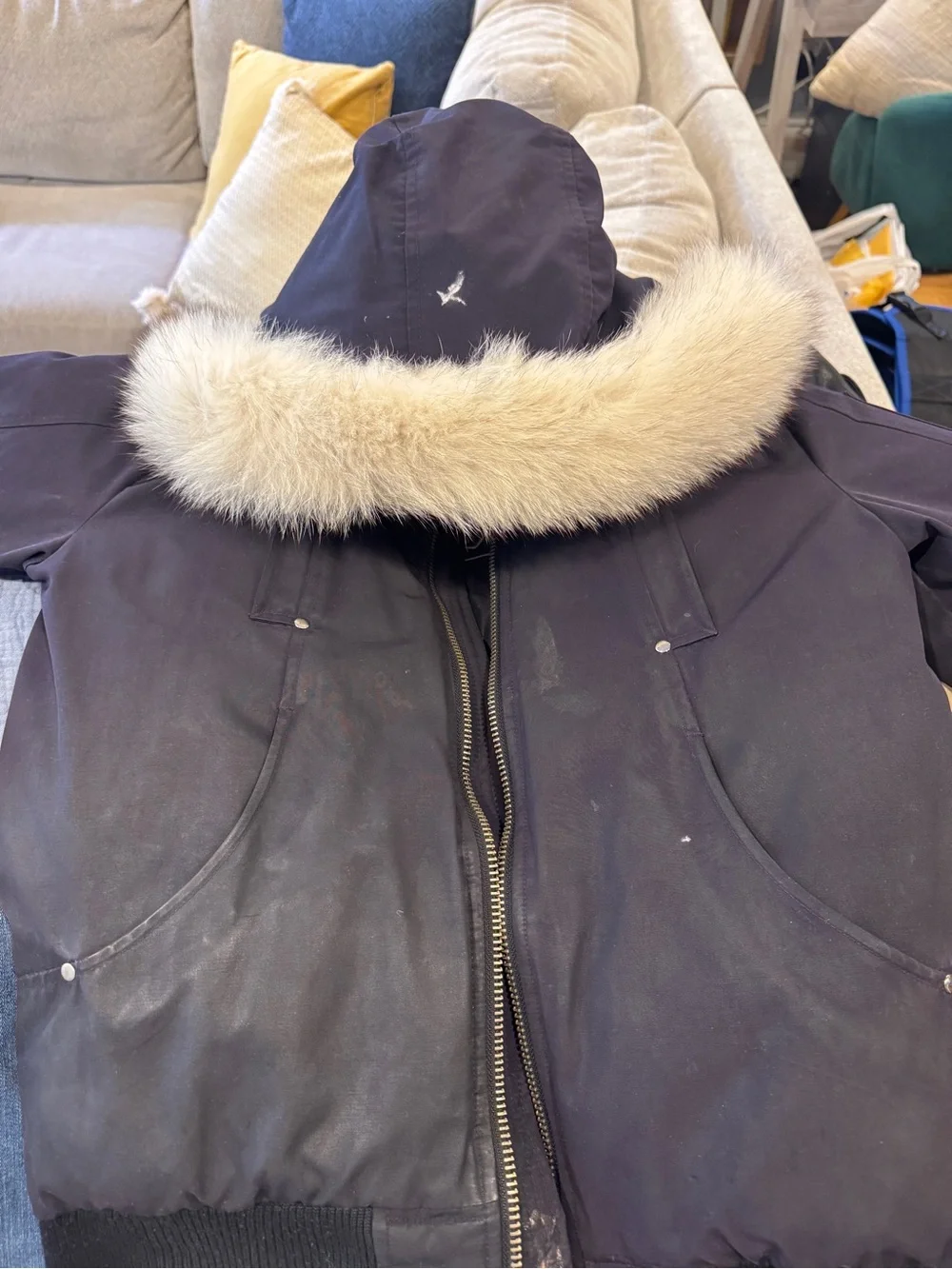 Moose Knuckles Navy Blue Kids Puffer with Fur-Trim Hood